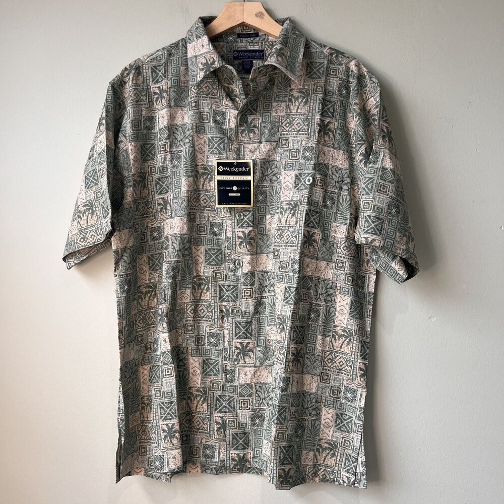 Weekender Casual Lifestyle Green & Beige Short Sleeve Button-Up Shirt Size L